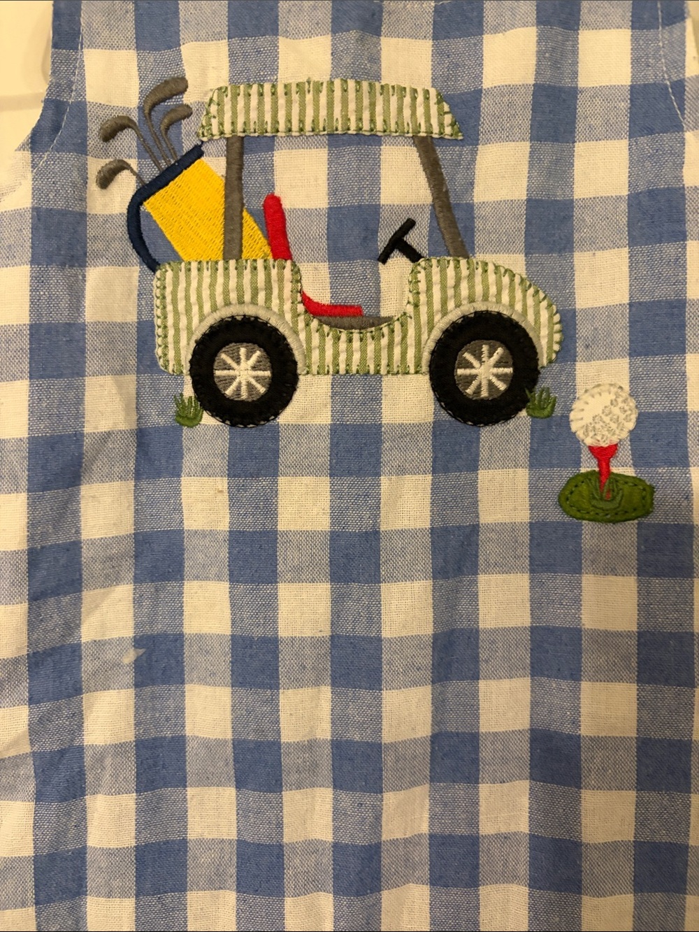 Mud Pie Boys Blue & White Checked Golf Cart Embroidered One-Piece Romper 12-18 - Picture 2 of 10